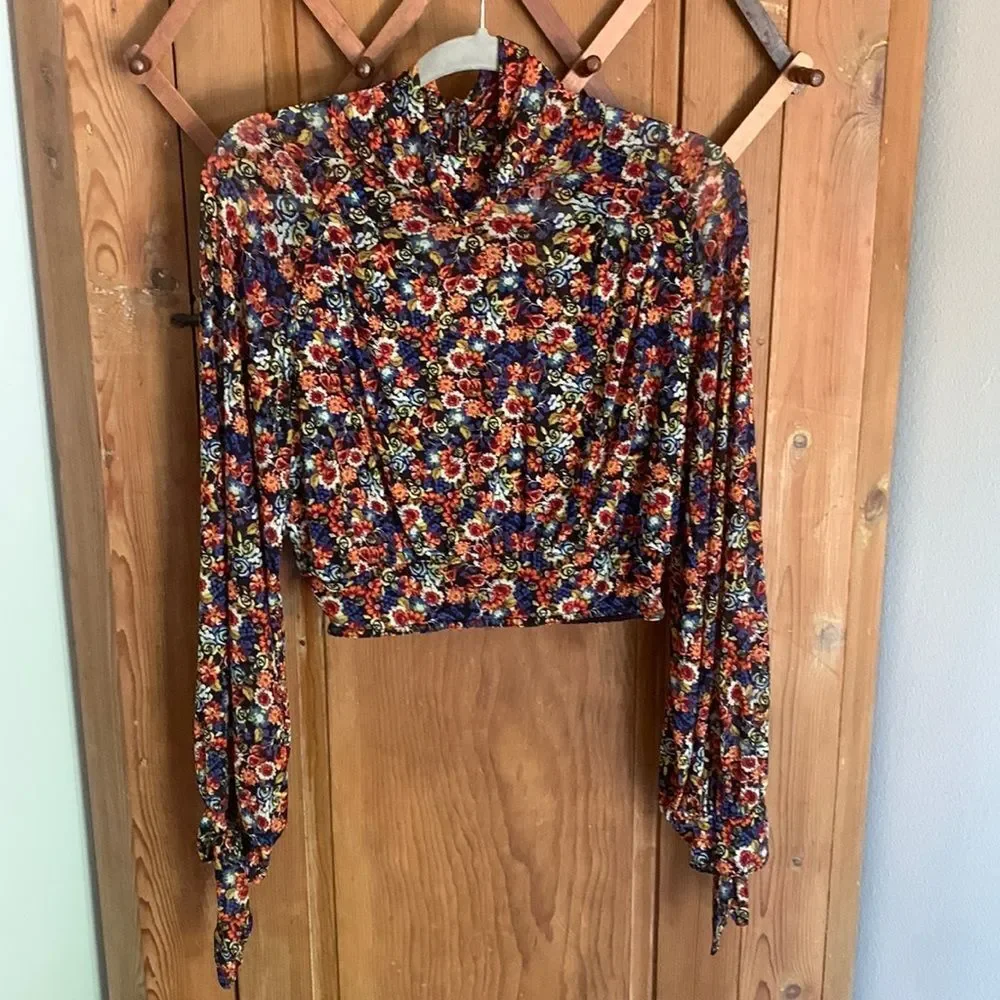 Free People All Doled Up floral long sleeve mesh turtleneck crop top